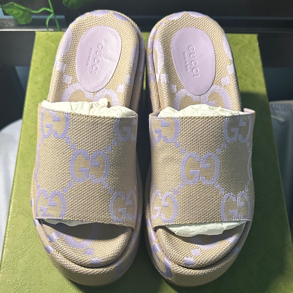 Gucci Beige And Lilac Gg Canvas Platform Slides